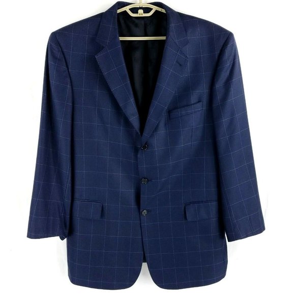 Jos A Bank Signature Gold Silk/Wool Blue Windowpane 3 Button Blazer Mens 44L